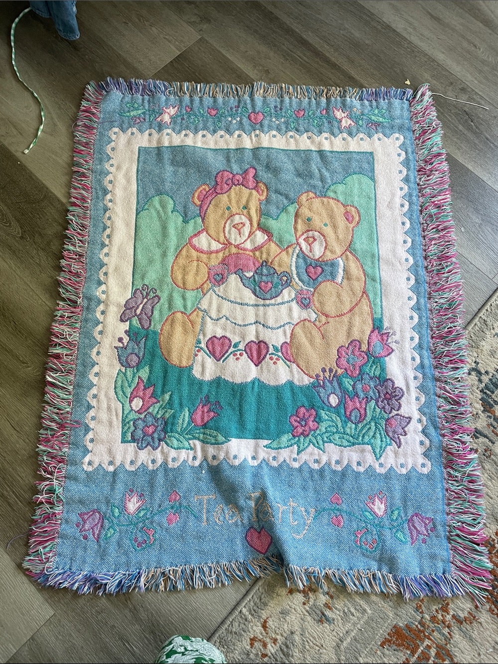 Vintage Teddy Bears Woven Throw Blanket in Blue and Pink